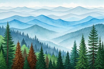 Fototapeta premium Green and brown pine trees cascade toward soft blue watercolor mountains under a clear sky