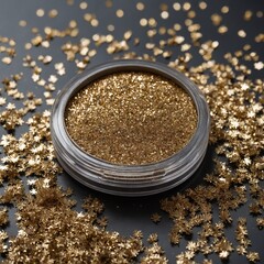 Side profile of glitter compact on plain background.