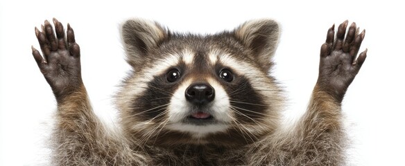 Fototapeta premium The playful raccoon raising its paws in a charming pose.