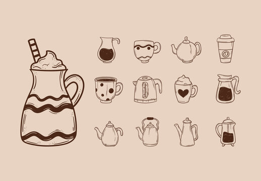 Brown And Beige Tea Coffee Hand Drawn Design Set