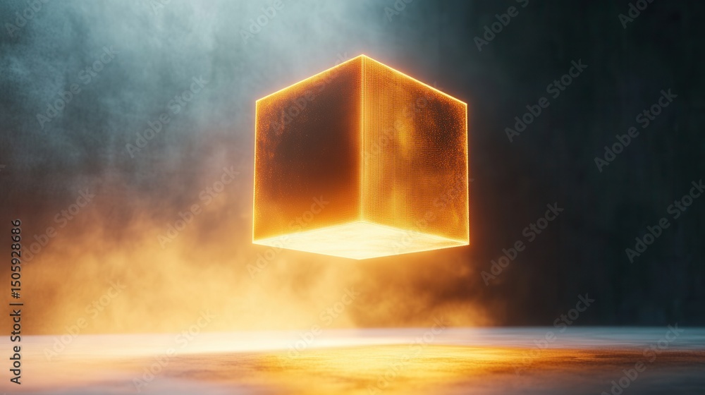 Poster floating orange cube in dark atmosphere with glowing edges and mist creating a futuristic, ethereal 