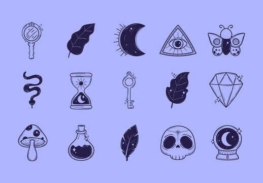 Blue And Purple Esoteric Magic Hand Drawn Design Illustration Set