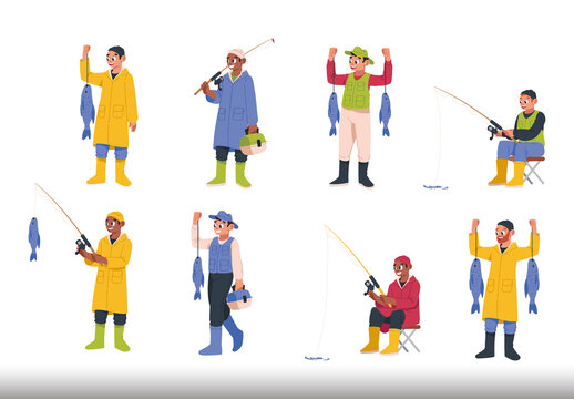Colorful Fishing People Fisher Adults Illustration Design Set