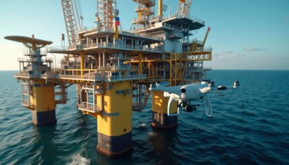 Drone Flying Near Offshore Oil Platform
