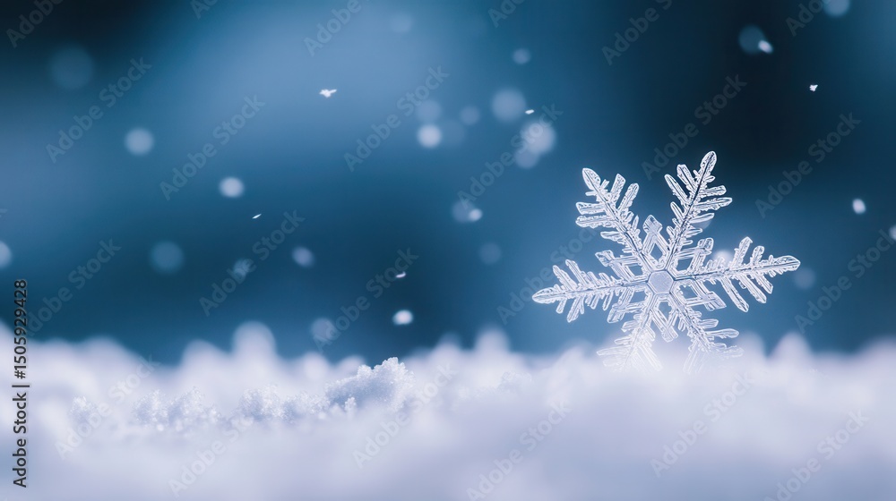 Poster intricate snowflake on soft snow background captured in a winter wonderland scene with gentle fallin