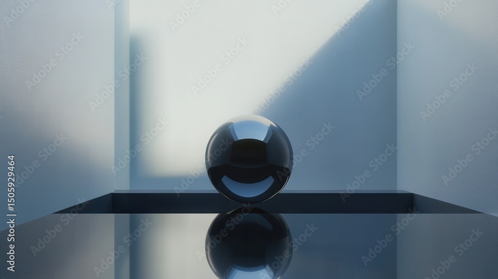 Poster abstract geometric sphere in minimalist room with soft blue light and deep shadows, perfect for mode