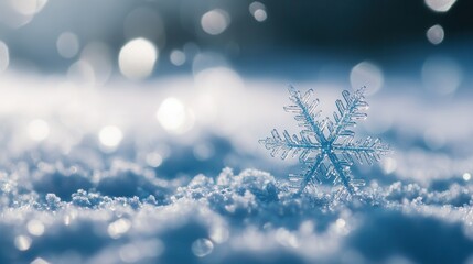Beautiful Snowflake on Winter Snow with Soft Blue Background and Bokeh Effect Capturing the Essence of Winter Wonder and Nature's Artistry