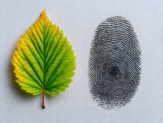 Minimalist photo of a green leaf and a faint fingerprint on a neutral surface, symbolizing human impact on nature for World Environment Day. Soft light, top-down view.