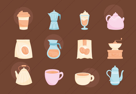 Beige And Pink Coffee Drink Caffeine Beverages Illustrations Designs Set