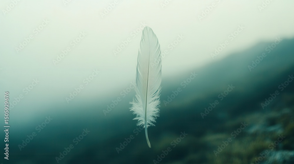 Poster ethereal soft feather floating in misty background with dreamy hues and tranquil atmosphere capturin