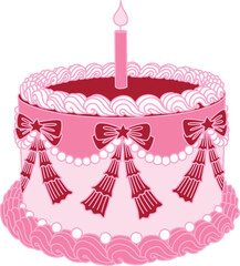 Line art drawing bow ribbons around pink Happy Birthday cake, clipart coquette aesthetic for design element. Vector illustration.