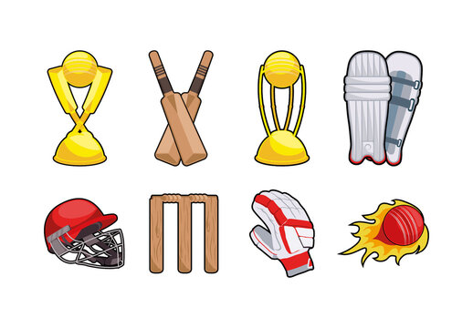 Yellow And Red Cricket Sport Team Equipment Illustration Set