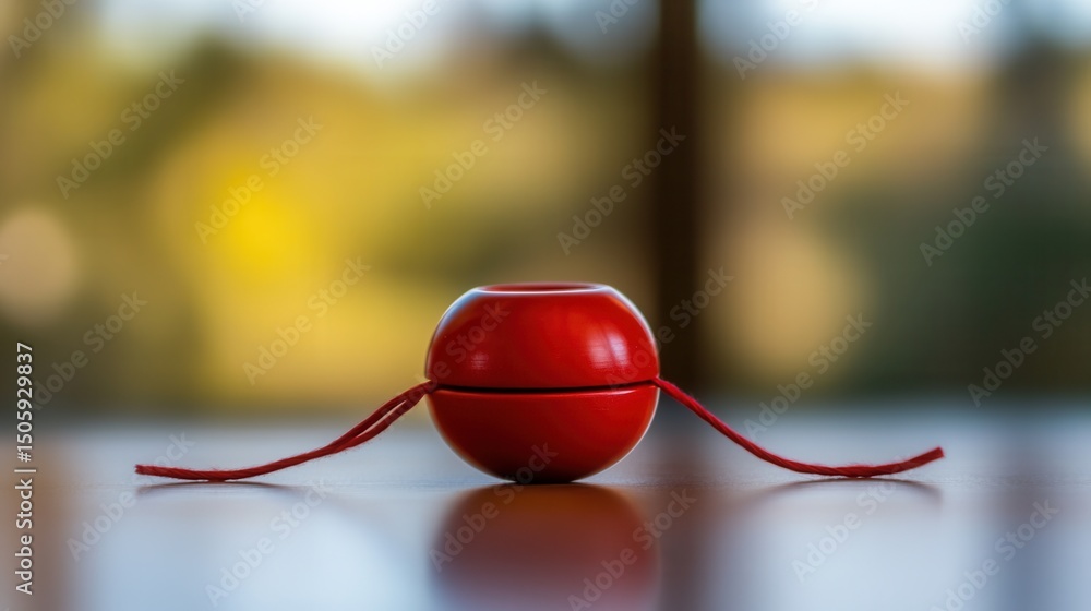 Poster red spherical object with string, elegant design, natural lighting creating soft bokeh in the backgr