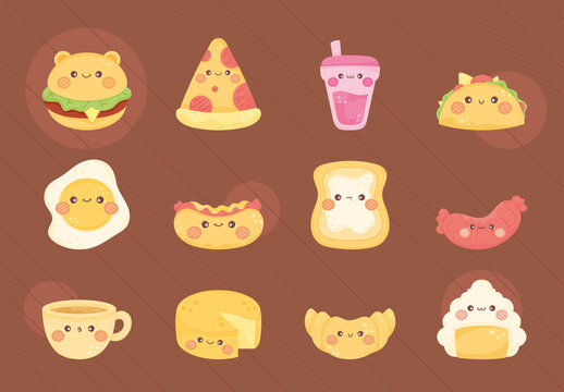 Yellow And Brown Cute Fast Food Kawaii Style Illustration Set
