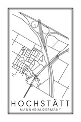 Hand drawn printable downtown road map poster of borough HOCHSTÄTT of the German city of MANNHEIM on solid white background with city name