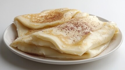 Brazilian tapioca crepe with banana and chocolate, dessert version folded on plate, white background