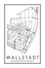 Hand drawn printable downtown road map poster of borough WALLSTADT of the German city of MANNHEIM on solid white background with city name