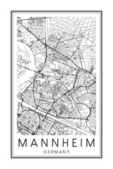 Hand drawn printable downtown road map poster of the German city of MANNHEIM on solid white background with city name