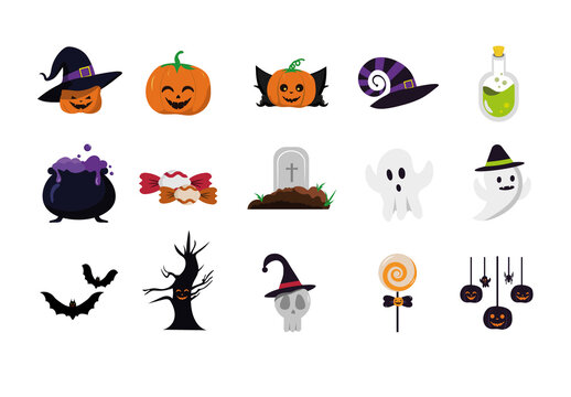Colorful Halloween Trick or Treat Witch Night Illustrations Design Set