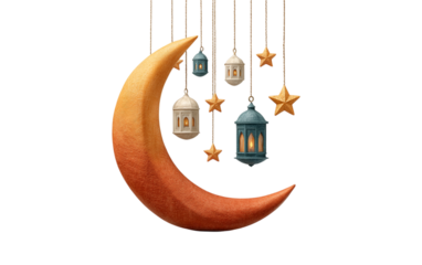 Flat design crescent moon and star with hanging lantern chains on white background, PNG style. Minimalist Islamic symbol ideal for festive decorations, greeting cards, and digital design.

