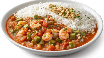 Caruru, Brazilian okra and shrimp stew from Bahia, served with rice and nuts, isolated white background