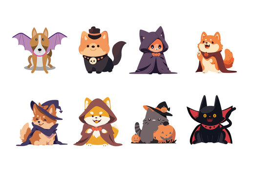 Colorful Halloween Pets Costume Cute Mascot Disguise Illustrations Design Set
