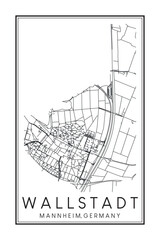 Hand drawn printable downtown road map poster of borough WALLSTADT of the German city of MANNHEIM on solid white background with city name