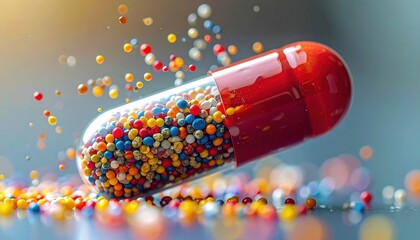 Colorful Medicine Capsule Opening Spilling Multicolored Pellets Medical Pharmaceutical Healthcare Treatment Concept
