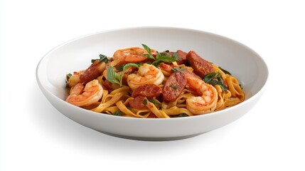 Char Kway Teow stir-fried noodles with prawns and Chinese sausage, plated on white