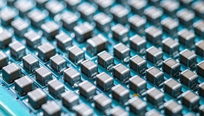 Fototapeta premium Close up Detailed View of Electronic Components on a Circuit Board High Tech Technology Background Image
