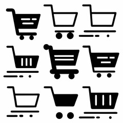 Vector shopping cart icon set with basket, trolley, and shop symbols for retail commerce and web design