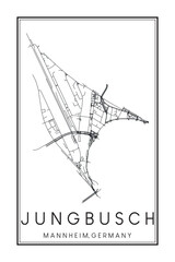 Hand drawn printable downtown road map poster of borough JUNGBUSCH of the German city of MANNHEIM on solid white background with city name