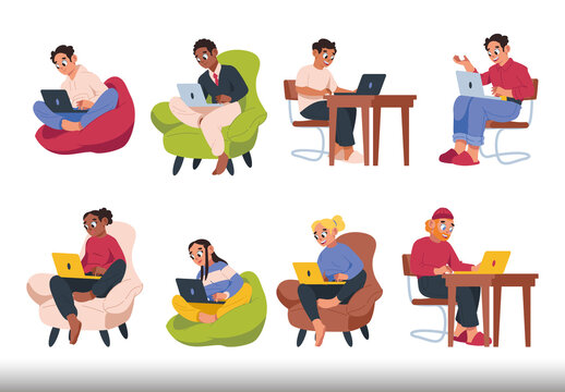 Red And Green Remote Work Office Laptop Team Illustrations Set