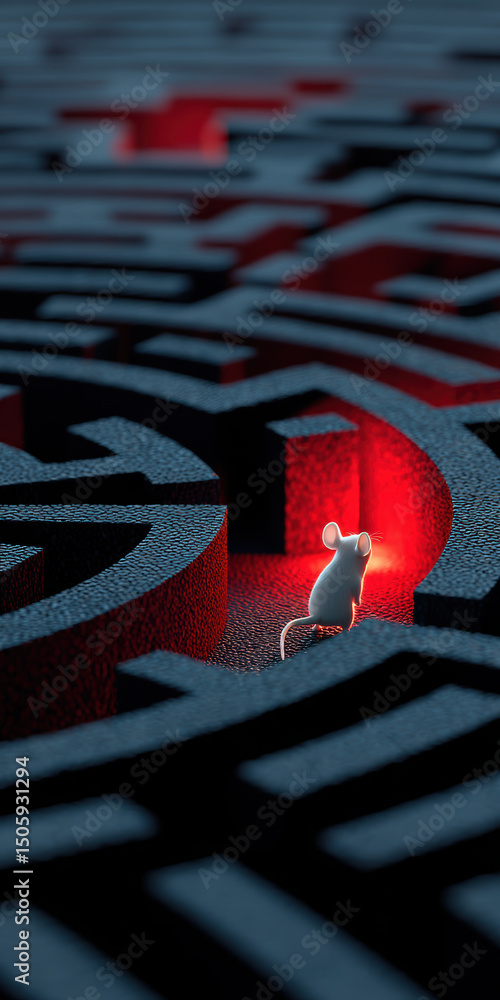 Poster small mouse navigating complex maze with red lighting, symbolizing challenges and determination