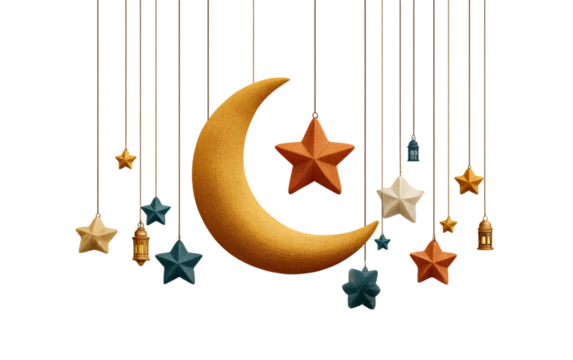 Flat design crescent moon and star with hanging lantern chains on white background, PNG style. Minimalist Islamic symbol ideal for festive decorations, greeting cards, and digital design.

