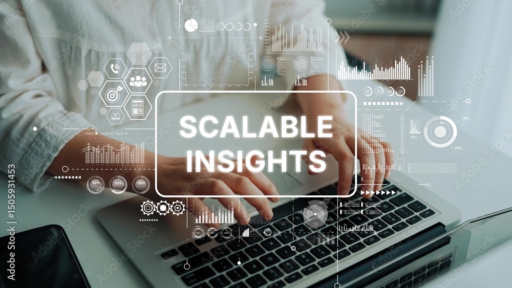 Poster hands typing on laptop with data analytics graphics displaying scalable insights concept for busines