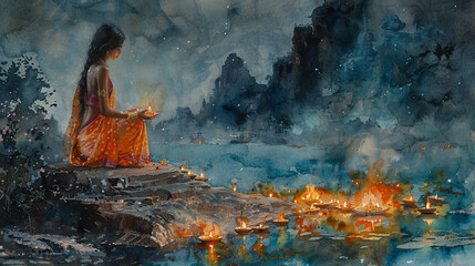 Diwali -the triumph of light and kindness . Watercolor