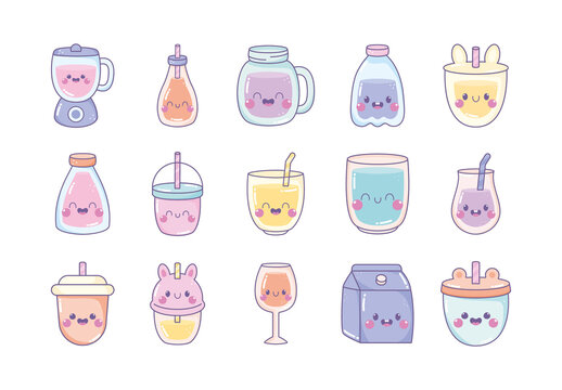 Colorful Kawaii Drinks Cute Beverages Design Illustration Set