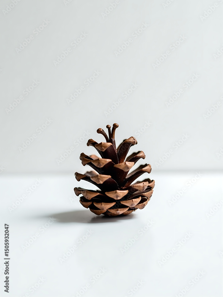 Poster single pine cone sits alone clean white surface sharp focus minimal surrounding