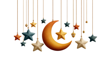 Flat design crescent moon and star with hanging lantern chains on white background, PNG style. Minimalist Islamic symbol ideal for festive decorations, greeting cards, and digital design.

