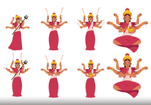 Colorful Navratri Festival Traditional Hindu Goddess Durga Culture Illustration Design Set