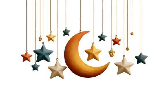 Flat design crescent moon and star with hanging lantern chains on white background, PNG style. Minimalist Islamic symbol ideal for festive decorations, greeting cards, and digital design.

 - Powered by Adobe