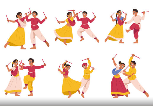 Colorful Navratri Dancing Couple Indian Festival Illustration Set