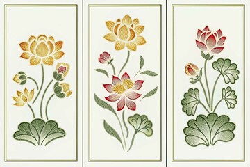 Triptych art showcases stylized lotus flower arrangements with yellow, red, and green hues on panels