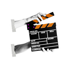 Hand is holding clapper board or clapperboard or movie slate