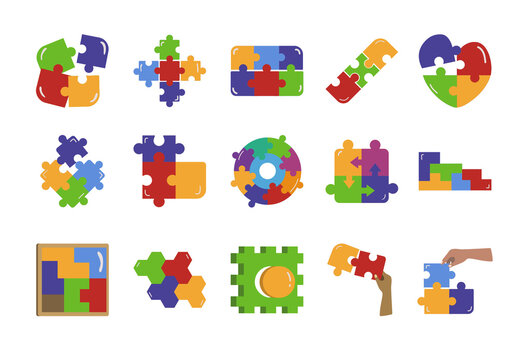 Colorful Puzzle Pieces Jigsaw Game Illustrations Design Set