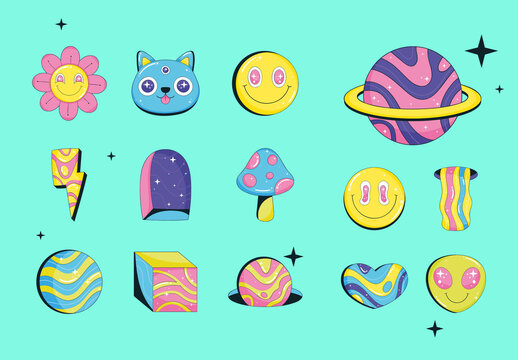 Colorful Psychedelic Surreal Retro Fantasy Designs Illustration Set