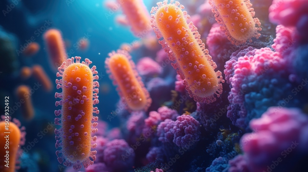 Poster microscopic view of viruses attacking cells in a biological environment