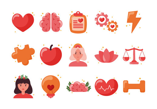 Red And Orange Wellness Mental Health Mindfulness Illustration Design Set