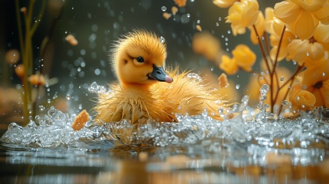 A whimsical scene of a duckling following a trail of breadcrumbs, with each detail of its fluffy feathers and environment captured vividly. - Powered by Adobe